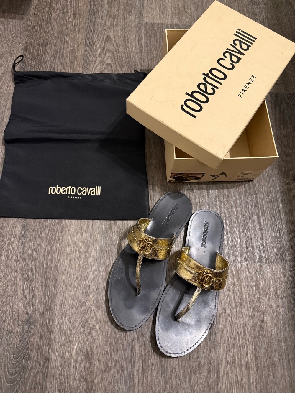 Roberto Cavalli Flat Crack Lame Thong Leather Sandals, Size 39